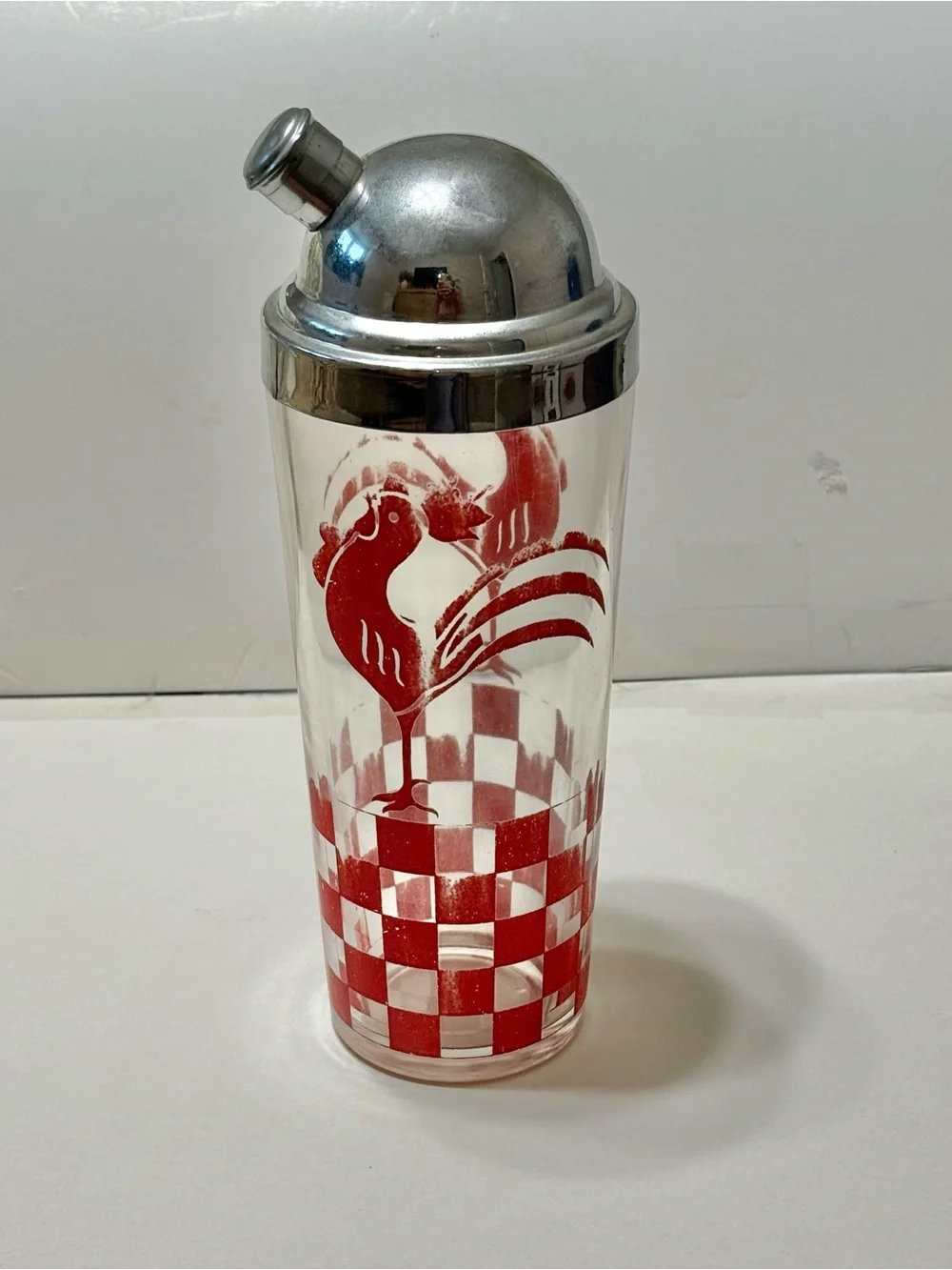 Vintage Drunken Rooster Cocktail Shaker - Red & White Checkered Rooster 10.5” T